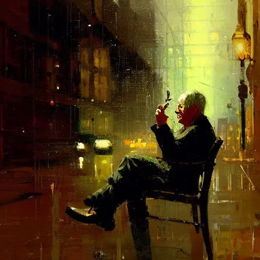 Image similar to lonely old man smoking a cigar, rainy night, painting by jeremy mann