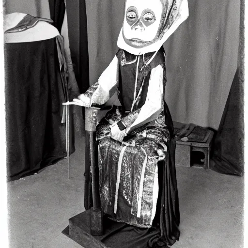 Image similar to Hildegard Von Bingen ventriloquist dummy on a stool, 35mm film