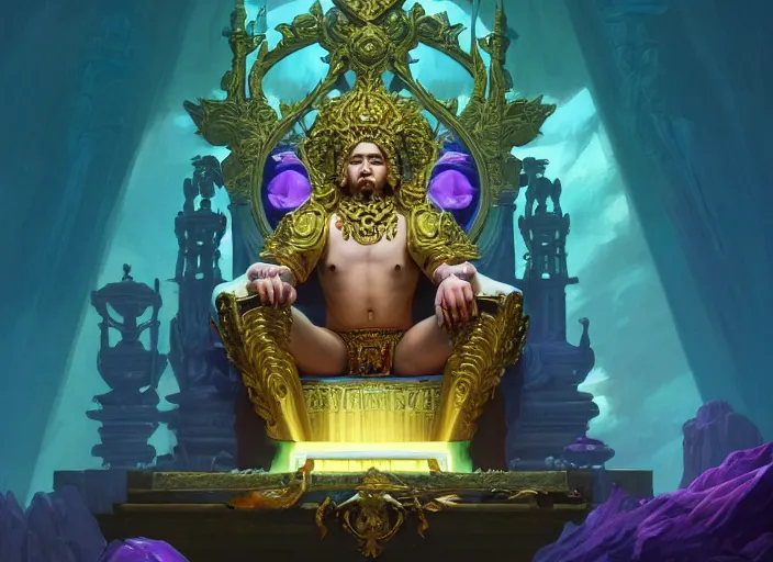 Image similar to wide view picture of a extremely beautiful and aesthetic lord of materialization, sitting on the throne, centred position, bright hair, floating greed cubes on the background, lighting eyes, magic and fantasy, highly detailed face, specular reflection, occlusion shadow, intricate, masterpiece, by ilya kuvshinov and jeremy lipking and quentin mabille