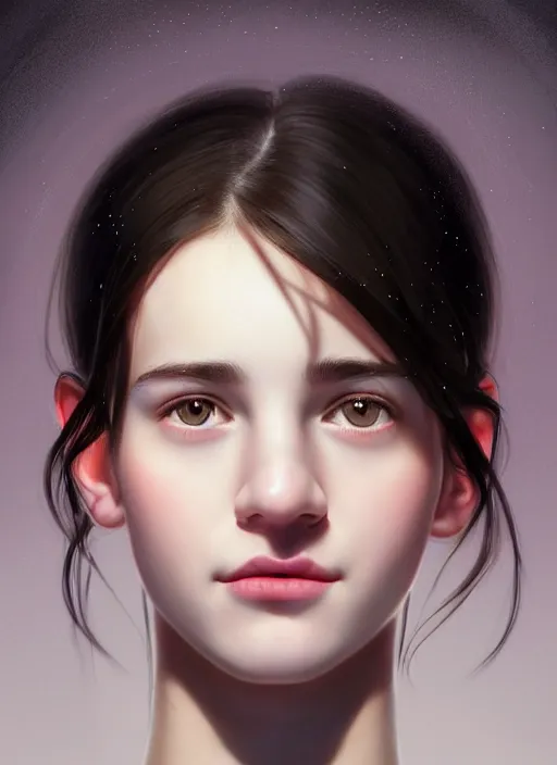 Image similar to portrait of white teenage girl, narrow face, short black hair and eyebrows, bangs, half updo hairstyle, buck toothed smile, unattractive, defined jawline, long chin, wearing hair bow, intricate, elegant, glowing lights, highly detailed, digital painting, artstation, sharp focus, illustration, art by wlop, mars ravelo and greg rutkowski