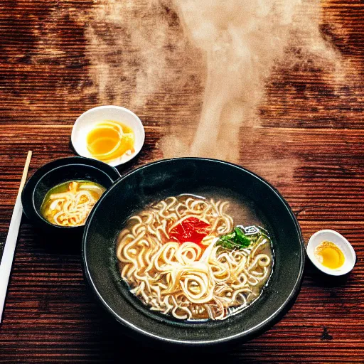 Prompt: a steaming bowl of ramen in a street noodle bar in the rainy city of neotokyo, cyberpunk, futuristic, grungy, hd, 4 k, very detailed, polaroid photograph