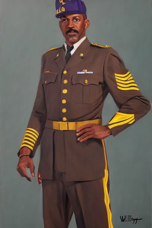 Image similar to full body portrait of the dictator of the los angeles lakers, 1 9 5 5, in full military garb, oil on canvas by william sidney mount, trending on artstation