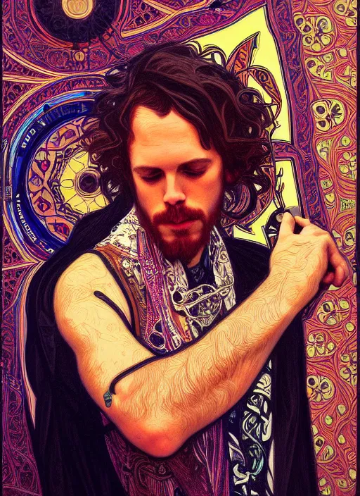 Prompt: oil portrait of singer - songwriter two feet aka bill dess, intricate, elegant, highly detailed, lighting, painting, artstation, smooth, illustration, art by greg rutowski and alphonse mucha