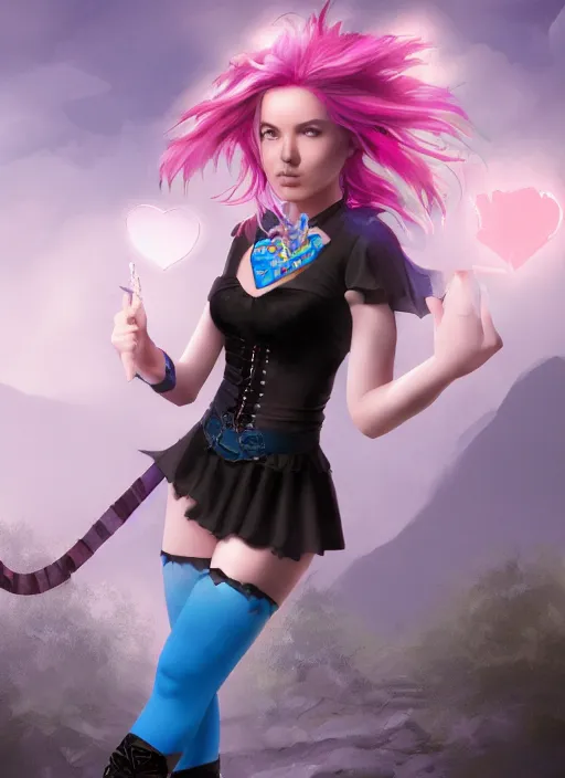 Image similar to An epic fantasy comic book style portrait painting of a young women, with pink hair, short black skirt, black leggings, blue shoes, cyan corset, with a cyan heart necklace Unreal 5, DAZ, hyperrealistic, octane render, cosplay, RPG portrait, dynamic lighting