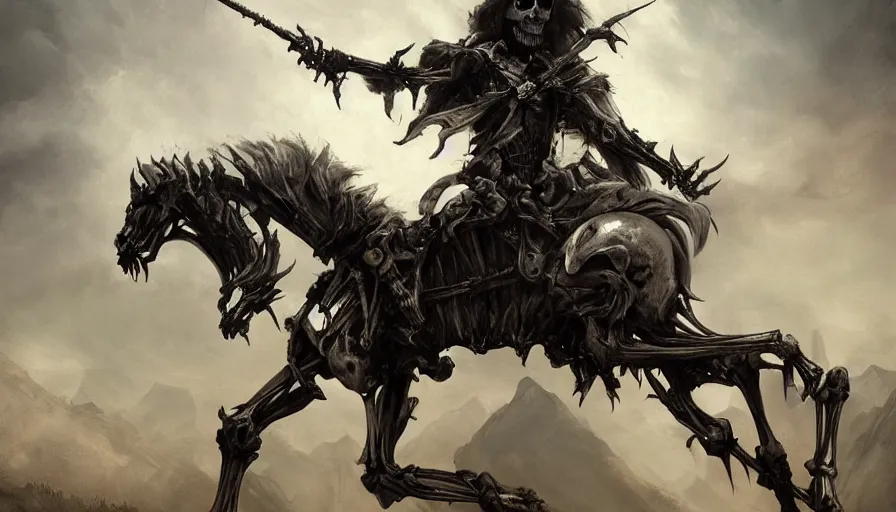 Image similar to A beautiful highly detailed epic painting of the Grim reaper riding a skeletal undead horse by Ulpiano Checa, Trending on artstation HD.