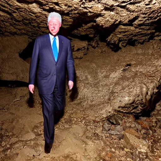 Image similar to Bill Clinton exploring an abandoned cave, photography, torches,