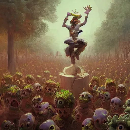 Prompt: a terrified Michael Cera dressed in jester clothes plays an ornate musical instrument surrounded by a crowd of hungry treezombies, concept art, trending on artstation, by greg Rutkowski