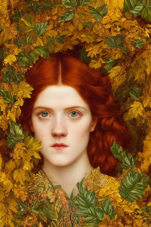 Prompt: masterpiece beautiful seductive flowing curves preraphaelite face portrait of rose leslie amongst leaves, extreme close up shot, yellow ochre ornate medieval dress, branching abstract decorate structural circle, halo, amongst foliage, gold gilded circle halo, kilian eng and frederic leighton and rosetti, 4 k