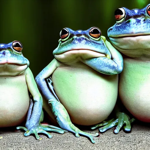 Image similar to 3 fat obese frogs playing in a band, high-definition photograph