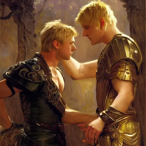 Image similar to attractive male, blond hair arthur pendragon confesses his love to attractive male, dark hair merlin. highly detailed painting by gaston bussiere, craig mullins, j. c. leyendecker 8 k