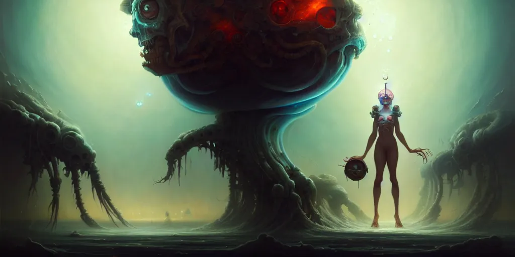 Prompt: call the prime land from the yeast, cgsociety charlie bowater steve argyle, tom bagshaw, symmetrical, insanely detailed, artstation, space art atoms surrounded by skulls and spirits deep under the sea, horror, sci - fi, surrealist painting, by peter mohrbacher anato finnstark