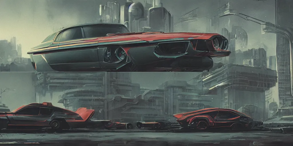 Image similar to vintage muscle car design, futuristic, kyza, ash thorp, simon stalenhag, hard surface, cyberpunk , sci-fi, wide body, sport car, exotic, in watercolor gouache detailed paintings