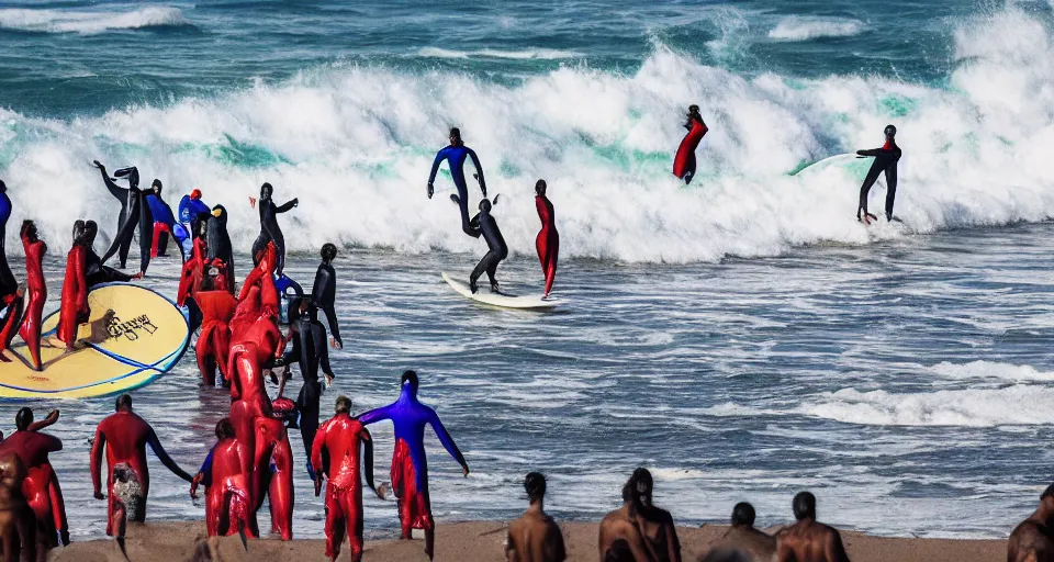 Image similar to devil worshippers in robes belonging to the cult of the ocean surfing in waves, standing on surfboards, surfing inside one large barreled wave, high detailed colors, blue