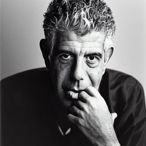 Image similar to promotional vogue studio portrait photo of Anthony Bourdain by Annie Leibovitz, 50mm, pentax, film