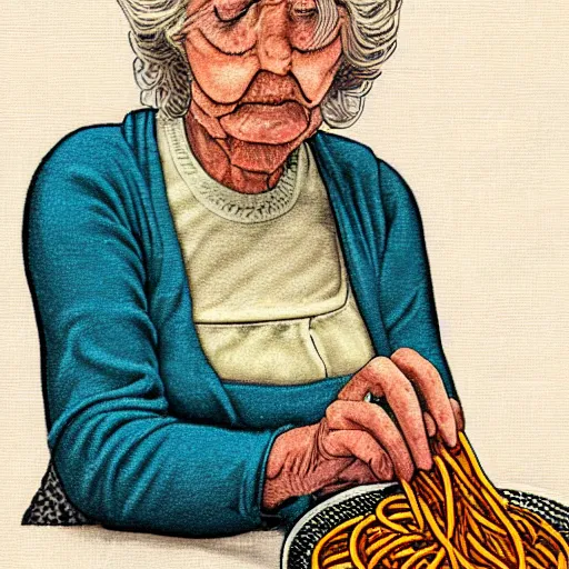 Image similar to grandma falling into a pit of spaghetti