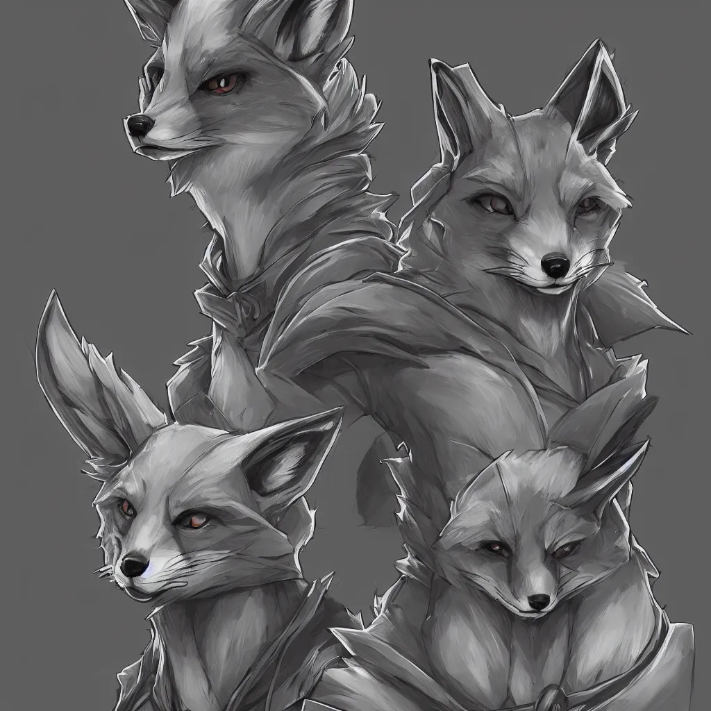 Prompt: a portrait of an anthropomorphic fox wearing a hoodie, symmetrical facial features, symmetrical proportions, league of legends, concept art, illustration, artstation, black and white