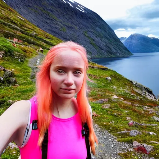 Prompt: a young woman with long pink hair, face front facing forward for a selfie, hiking clothes, tank top, norway, fjords in background, cinematic, beautiful, stunning, day time, epic, 8 k, 1 6 : 9