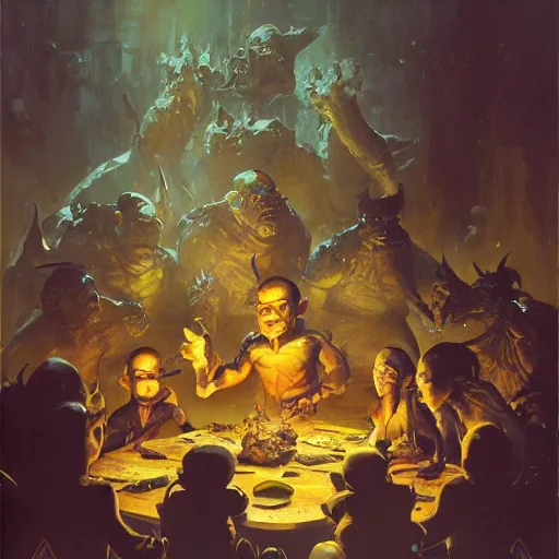 Image similar to Oil painting of a group of goblins, portrait, D&D, Magic The Gathering, by Craig Mullins, Nekro, Victo Ngai, centered, symmetrical, volumetric lighting