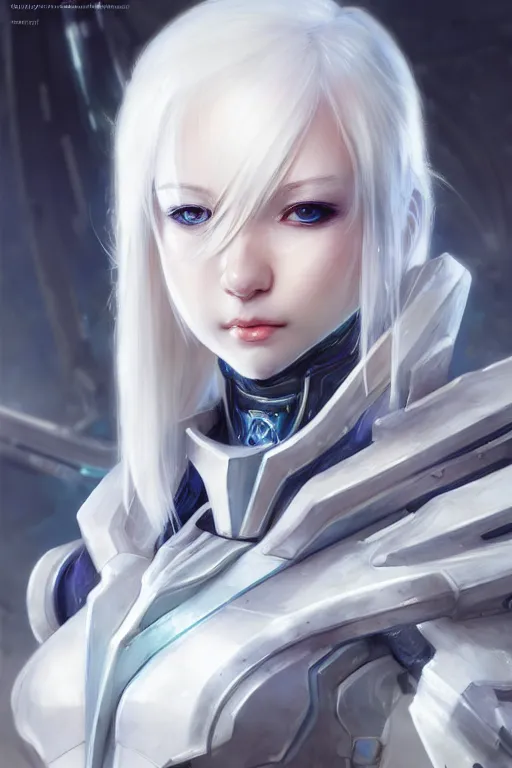 Image similar to perfect white haired girl, warframe armor, beautiful, dreamy, portrait, highly detailed, digital painting, trending on artstation, concept art, sharp focus, illustration, pretty face, blue eyes, sci - fi platform, front lit, laboratory, experiment, masterpiece, art by masayoshi tanaka, akihiko yoshida, kazuya takahashi