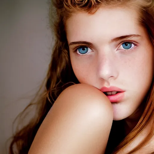 Prompt: a beautiful professional photograph by mario testino from a photoshoot of a beautiful lightly freckled and unusually attractive female 1 9 years old fashion model looking at the camera in a flirtatious way, zeiss 5 0 mm f 1. 8 lens