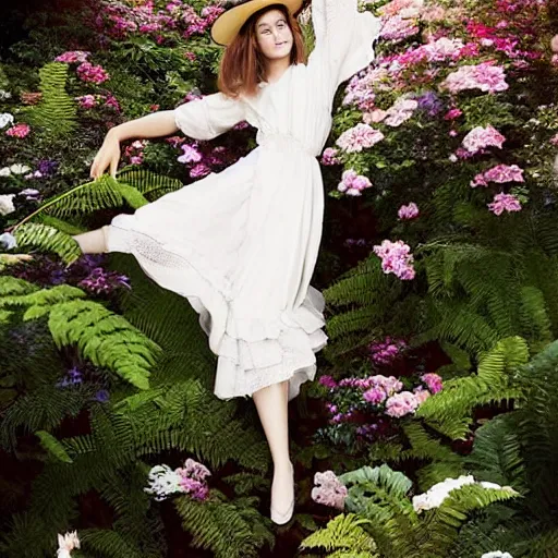 Image similar to full body fashion model emma watson by Hasui Kawase by Richard Schmid smokey eyes makeup eye shadow fantasy, glow, shimmer as victorian woman in a long white frilly lace dress and a large white hat having tea in a sunroom filled with flowers, roses and lush fern flowers ,intricate, night, highly detailed, dramatic lighting , high quality