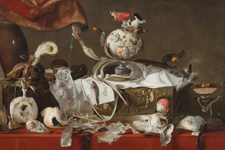Prompt: a vanitas painting from the 21st century by clara peeters and pieter claesz with an NVIDIA RTX GPU, Graphics card, silicone, dead animals, a smartphone, screens, tiktok, AirPods, cables, wires