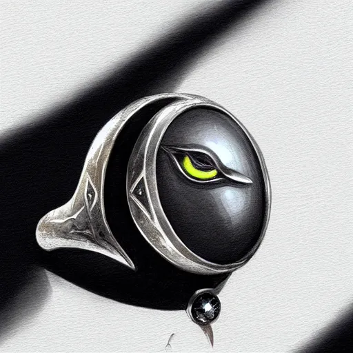 Image similar to silver ring in form of a bird with a black gem on it's back it, highly detailed, digital painting, trending on artstation, concept art, sharp focus, illustration, art by artgerm and greg rutkowski and magali villeneuve