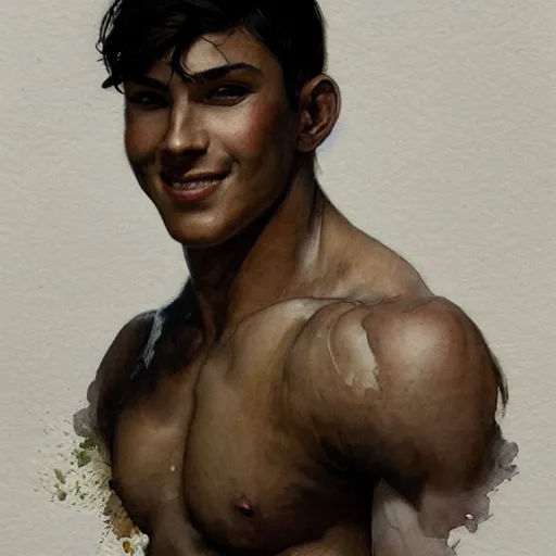 Image similar to young boy, black hair, confident smile, muscular, gorgeous, amazing, delicate, elegant, intricate, highly detailed, watercolor, portrait, artstation, concept art, sharp focus, illustration, art by artherm and greg rutkowski and alphonse mucha