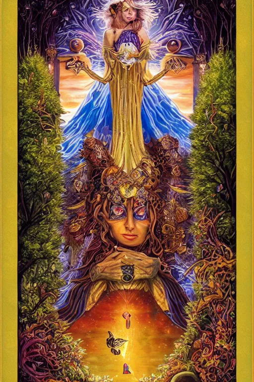 Prompt: beautiful tarot card of the queen of dreams by carol bak and jacek yerka and dan mumford, oil on canvas, intricate border, symmetrical, 8k highly professionally detailed, HDR, CGsociety
