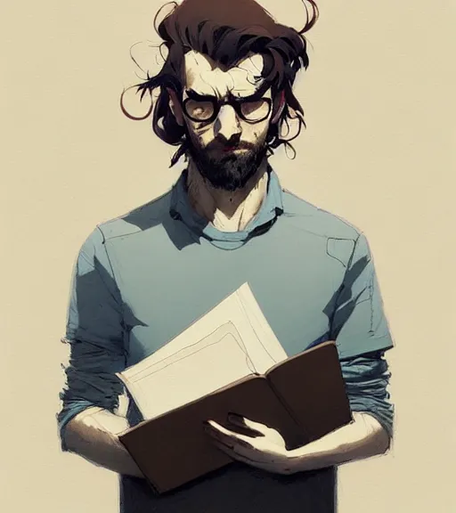 Image similar to portrait of a researcher, brooding look, paper folder in hand, disheveled hair, by atey ghailan, by greg rutkowski, by greg tocchini, by james gilleard, by joe fenton, by kaethe butcher, dynamic lighting, gradient light blue, brown, blonde cream and white color scheme, grunge aesthetic