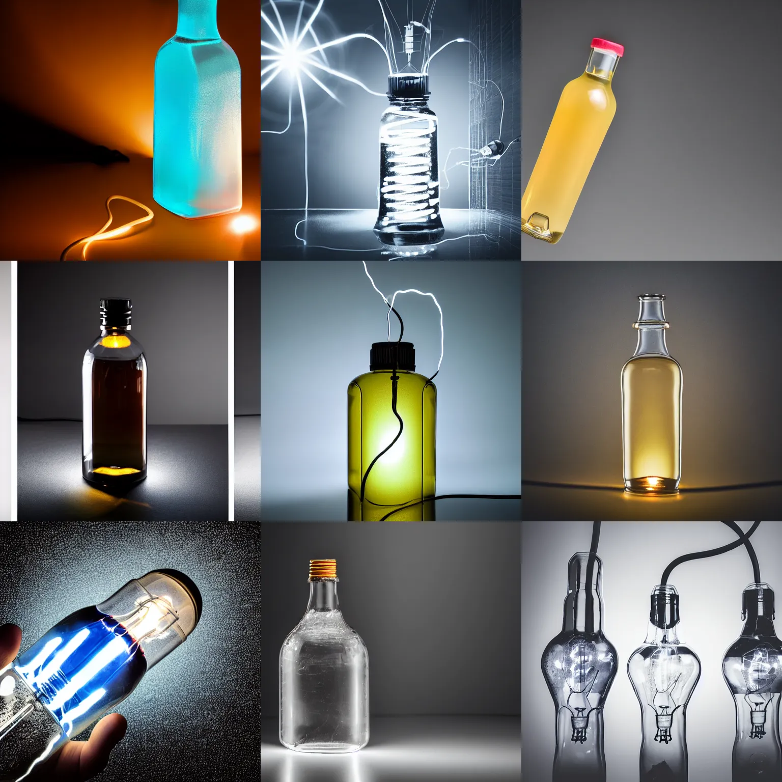 Prompt: electricity in a bottle, studio lighting, professional photography