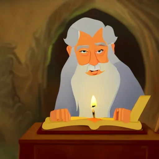 Prompt: Gandalf reading a tome by candle light in the style of JM Animation