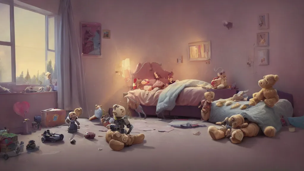 Image similar to a Photorealistic hyperrealistic render of an interior of a beautifully decorated spoiled child's beautiful bedroom, Close up low angle view of a vintage wind up toy robot on the floor with a giant teddy bear sitting on the bed by PIXAR,Greg Rutkowski,WLOP,Artgerm,dramatic moody sunset lighting,long shadows,Volumetric, cinematic atmosphere, Octane Render,Artstation,8k