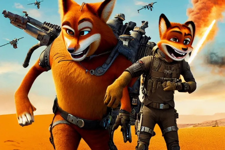 Image similar to nick wilde, heavily armed and armored facing down armageddon in a dark and gritty reboot from the makers of mad max : fury road : witness me