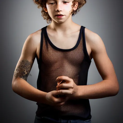 Prompt: A full shot portrait of a boy in a Netted Fishnet Mesh Tanktop wearing a golden diamond crown smoking a cigar on a sunny day in the park, 35mm, 4K, studio lighting