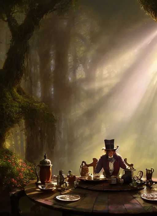 Prompt: The Mad hatter sitting in his tea table, mist, sunrays, dust in the air, DnD character, unreal engine, octane render, dramatic lighting, pond, digital art, by Stanley Artgerm Lau, greg rutkowski, thomas kindkade, alphonse mucha, loish, norman Rockwell,