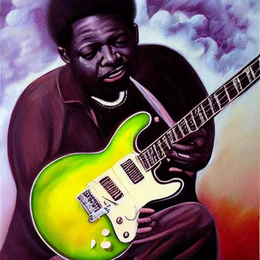 Prompt: b. b king, sitting in a fluffy cloud, playing an electric semi - hollow guitar. beautiful realistic painting, dramatic, moody