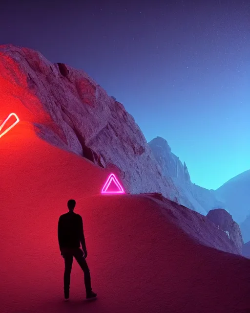 Image similar to a man standing in the middle of a mountain with a glowy neon triangle, a render by filip hodas, behance contest winner, environmental art, rendered in cinema 4 d, volumetric lighting