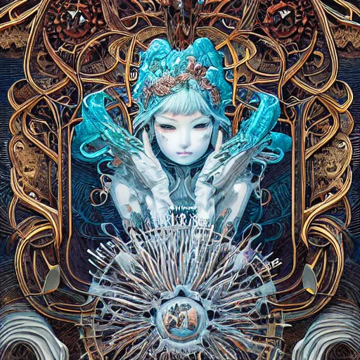 Prompt: of intricate and detailed beautiful frozen flower, symmetrical, by yoichi hatakenaka, masamune shirow, josan gonzales and dan mumford, ayami kojima, takato yamamoto, barclay shaw, karol bak