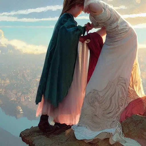 Image similar to young girl saying goodbye to her mother, highly detailed, digital painting, artstation, concept art, sharp focus, illustration, art by alex ross and greg rutkowski and alphonse mucha