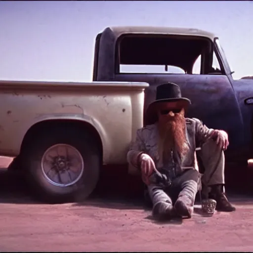 Image similar to ZZ Top sitting in back of a pickup truck bed in Mad Max Road Warrior, interior, screenshot, cinematic Eastman 5384 film