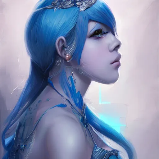 Image similar to teen girl, blue hair, gorgeous, amazing, elegant, intricate, highly detailed, digital painting, artstation, concept art, sharp focus, illustration, art by ross tran