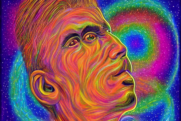 Image similar to digital art of a spiritual man looking up at the stars, glowing light, acrylic art, universe, painting, pastel colors, alex grey,