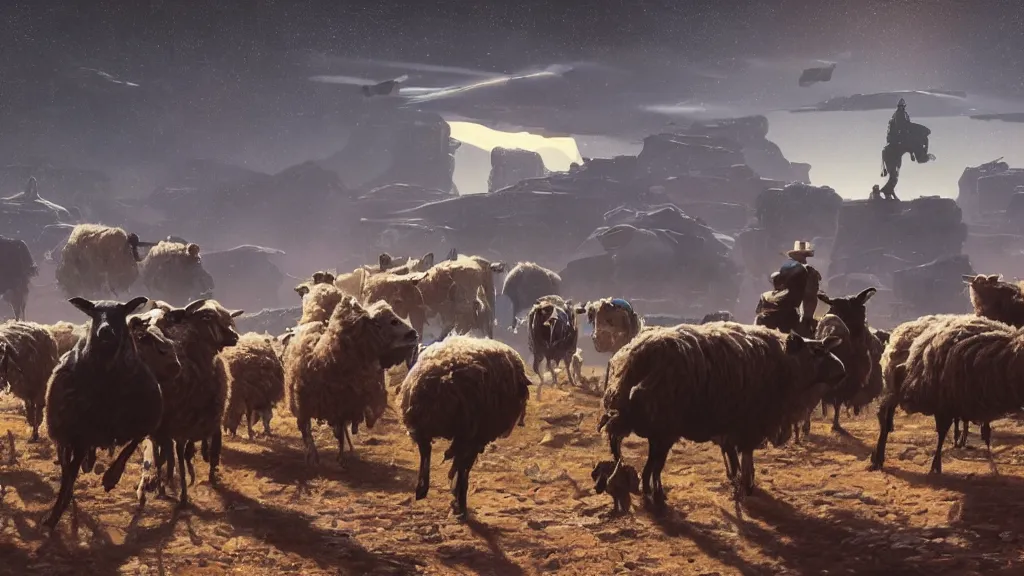 Image similar to Cyberpunk cowboys herding sheep in a No Man's Sky landscape in the style of Frederic Remington