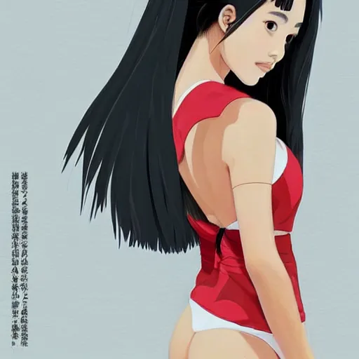 Image similar to a beautiful young japanese natalie portman alluring gravure model, stylized concept art, wearing elegant designer bomber jacket and one piece bikini, bomber jacket with mesoamerican patterns, mesoamerican native street fashion, princess mononoke, painted by ilya kuvshinov aesthetic, gorgeous, stunning, alluring, attractive, artstation, pinterest, digital art