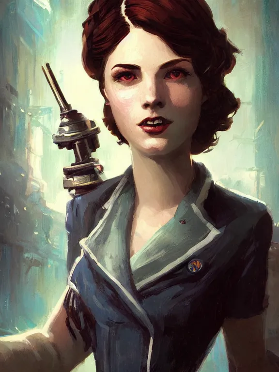 Image similar to portrait of a young woman from bioshock infinite, art by ryo shiotani and greg rutkowski, intricate, beautiful, cute, cinematic lighting, vintage art by serge ivanoff, high resolution, very detailed