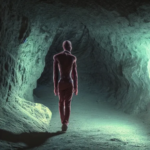 Image similar to portrait of a humanoid alien walking trough a beautiful cave