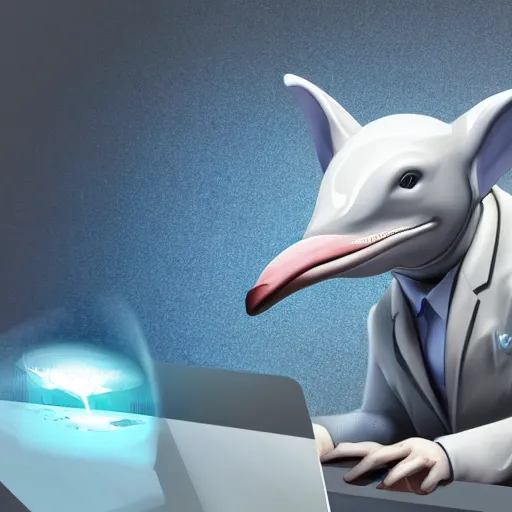 Image similar to An anthropomorphic grey dolphin in a white lab-coat playing games on a computer, digital painting, close-up, wearing a headset