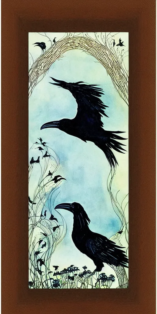 Image similar to floral frame with ravens peeking through art by kay nielsen, illustration style, watercolor