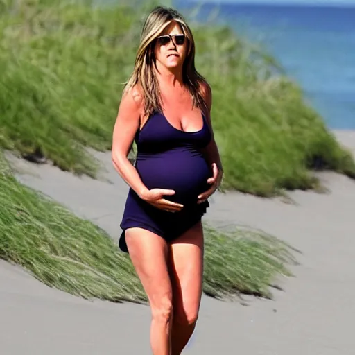 Prompt: Pregnant Jennifer Aniston walking on the beach, paparazzi photograph